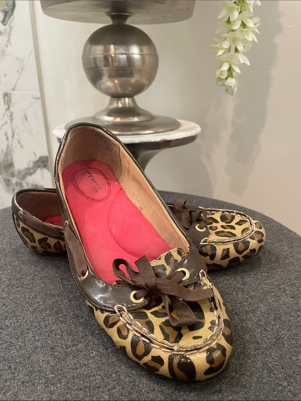 Sperry Leopard Print Moccasin Flats with Brown Trim